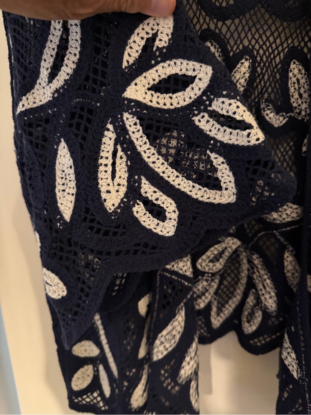 Chico's Navy and White Openwork Crochet Cardigan Shrug - Picture 3 of 8